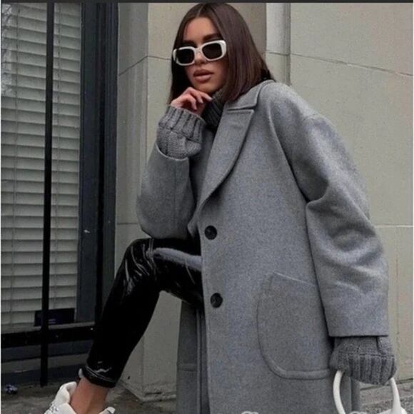 ZARA WOOL BLEND OVERSIZED COAT GRAY - Picture 2 of 3